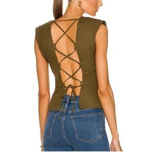 FRAME Olive Green Linen Blouse with Lace Up Back Size Large NEW